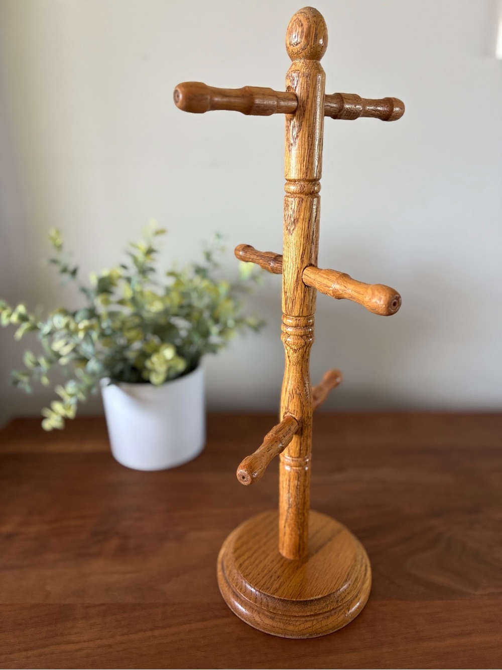 Vintage Solid Wood Mug Tree 6 Hooks Rustic - 14.5" Tall